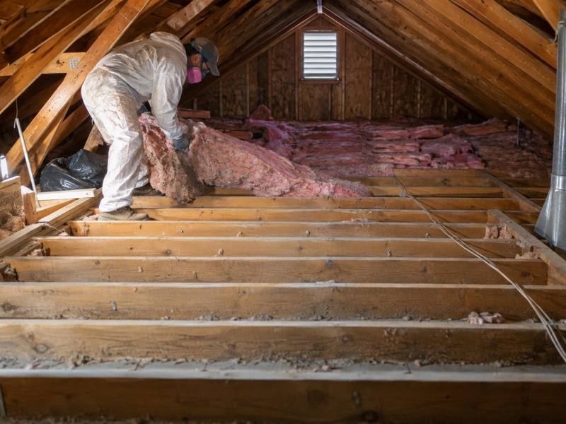 Worker in a white protective suit pulling old pink batts out of an attic, leaving the joists bare