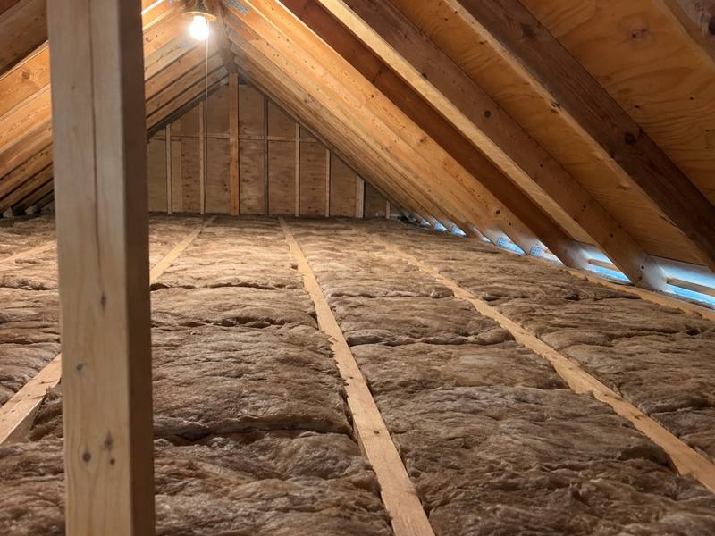 Brown batts laid between the joists of an attic with light coming through the soffit vents