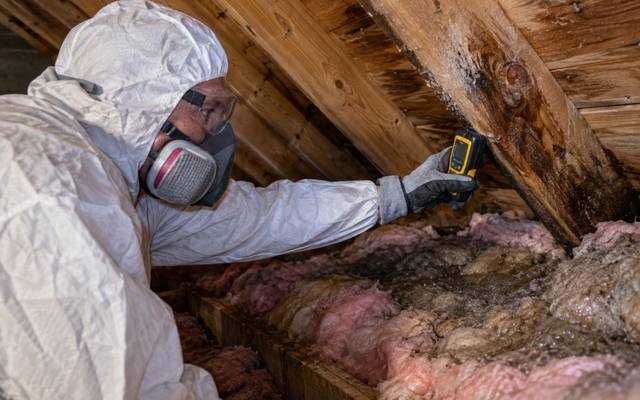 Inspector in a respirator checking water-stained rafters and wet pink insulation with a meter