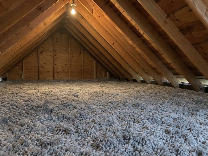 Gable attic with grey blown-in cellulose spread evenly across the floor under a single bulb